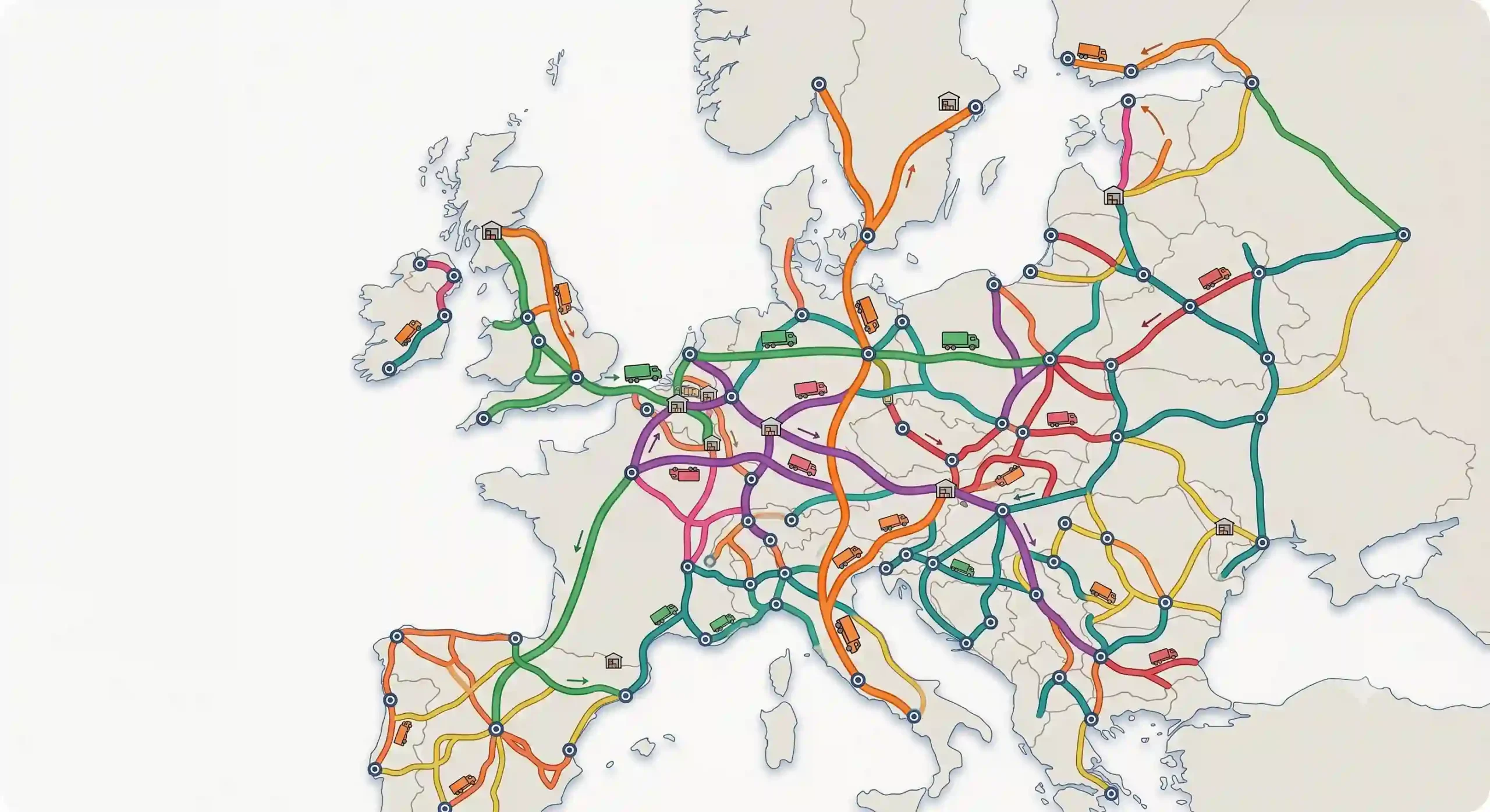 Vrachtwagen routes binnen Europa. Grafische schets.